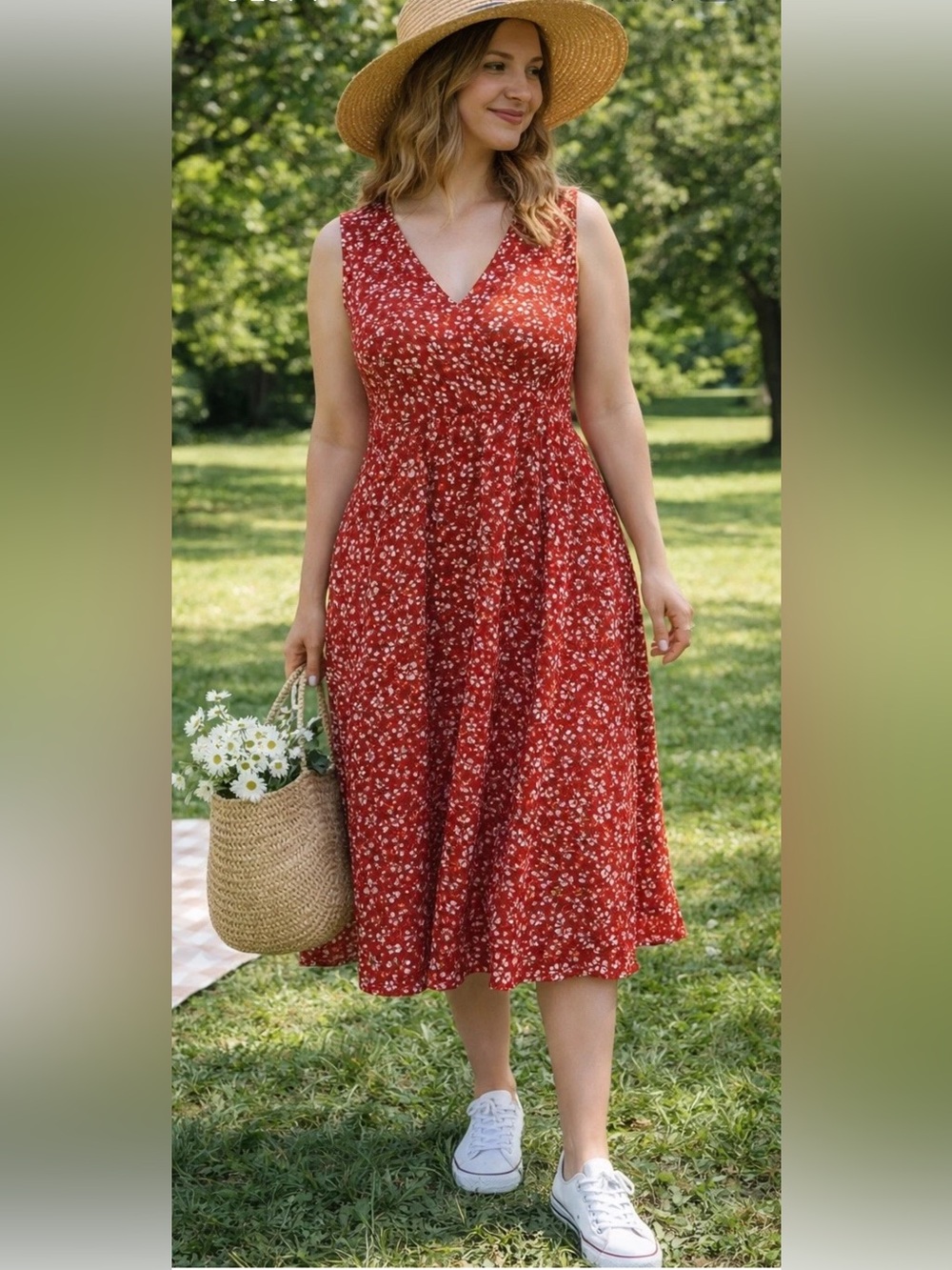 V-Neck Red Floral Midi Dress with Smocked Waist